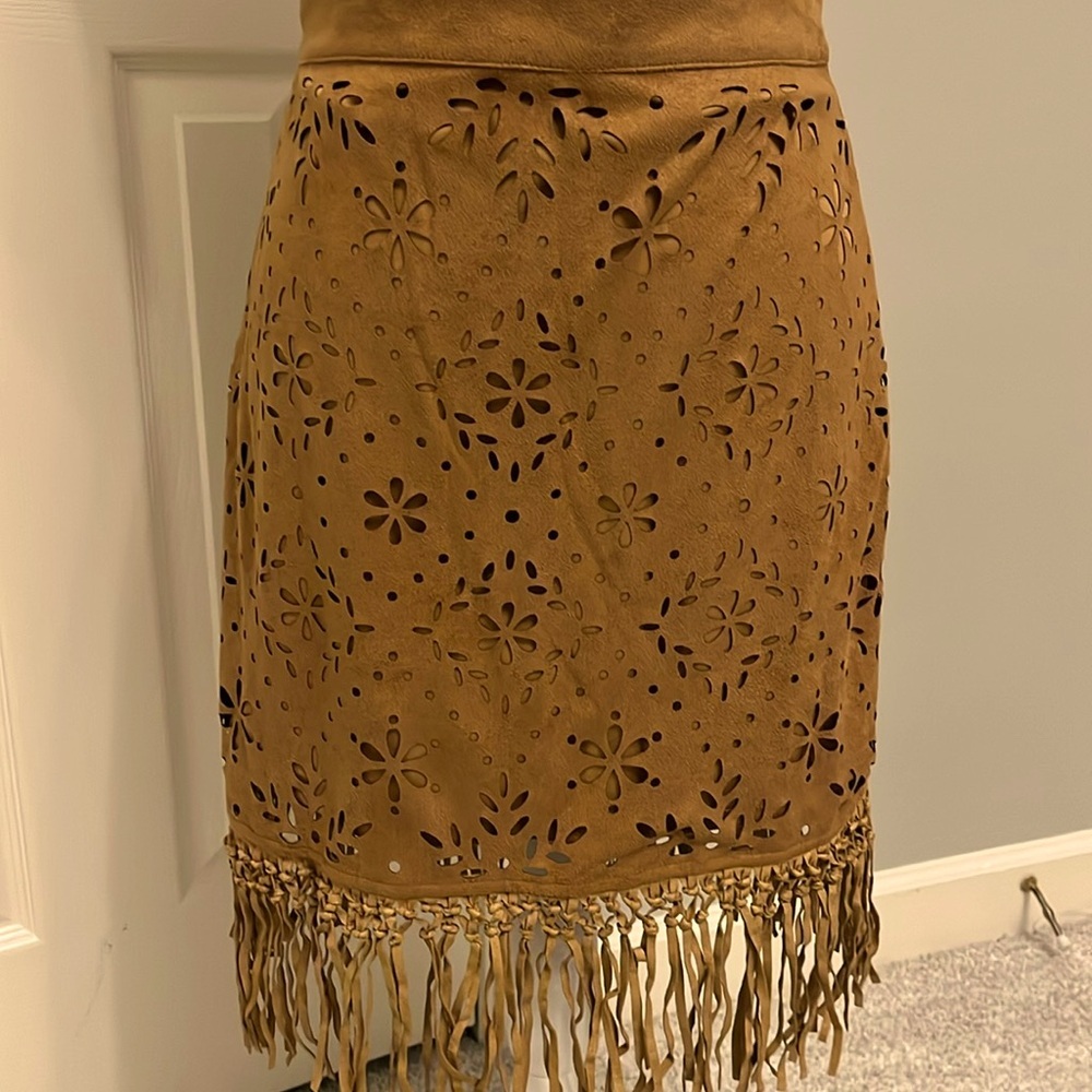 Fringe faux suede skirt camel color  sz‎ S